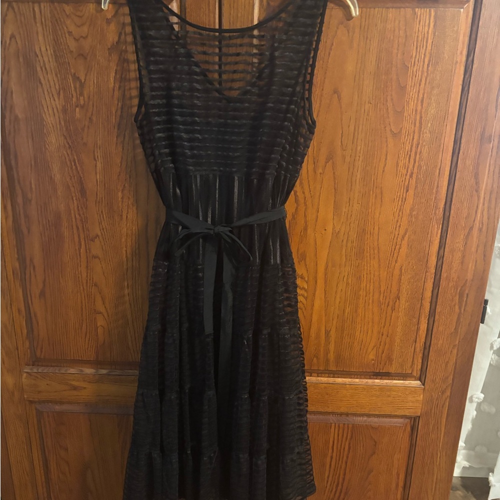 S.L. Fashions Black Sleeveless Tiered Midi Dress with Waist Tie